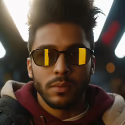 a close up of a person wearing sunglasses with yellow strips on them