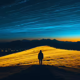 a lone man standing in a field with a background of the night sky