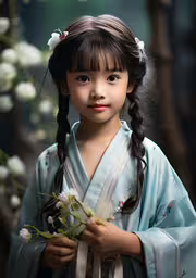 young girl in traditional kimono holding flower,a very pretty young lady in a geisha outfit