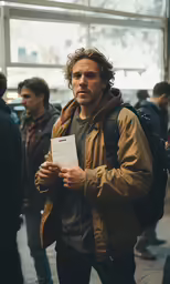 a man standing by some people in a room