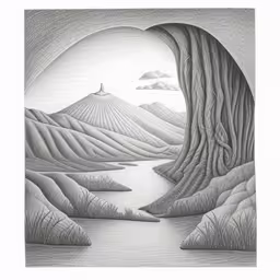 an artistic illustration of a large waterfall surrounded by mountains,a pencil drawing of a lake and some trees,a drawing with some water and trees on the floor,the view from inside of a tree is drawn by pencil,a black and white drawing of a landscape