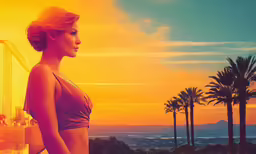 a woman in a bathing suit standing in front of trees