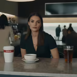 a woman sits at a table with a coffee cup and a drink