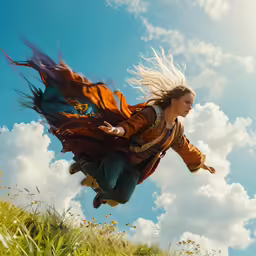 the girl is flying in the sky very high