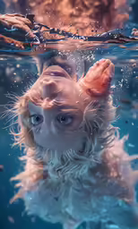 the face and neck of a child underwater in a blue pool