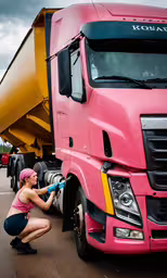 a woman is touching the tire of a pink truck,the woman is working on the pink truck