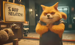 an orange and white animal standing next to a sign