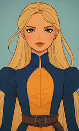 a woman in blue and yellow outfit with long blonde hair