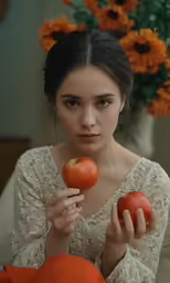 the woman is posing with two tomatoes in her hand