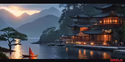 the sun begins to set over a city on a lake with pagodas