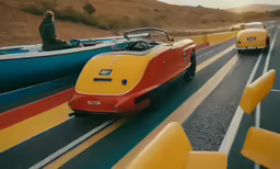 a convertible car driving on a highway next to a person in a boat
