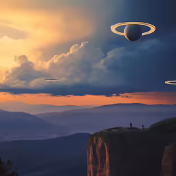 three strange looking objects flying over a scenic scene