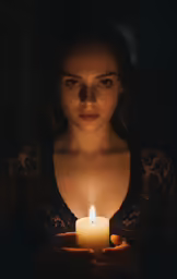 a woman with a candle is holding a candle in her hands