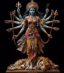 a statue of goddess, with tigers on top