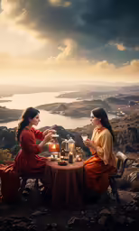 two women sitting at a table and drinking wine