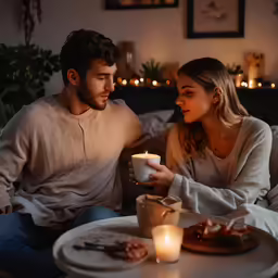 a woman sitting next to a man on a couch holding a mug