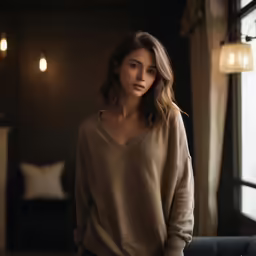 a woman posing in a dark room with her hands on her hip