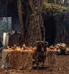 a dog sitting in front of some food and a big tree