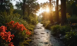 the sun is going down in the woods