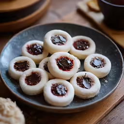 small, round, pastries sit on a plate next to some biscuits