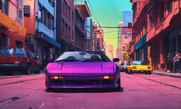 a purple sports car is traveling down a busy street,a purple sports car driving on a city street