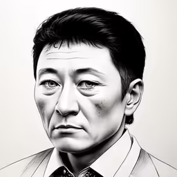 drawing portrait of an asian man with black hair and white shirt