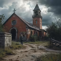 a person standing near a church with a graveyard in the background