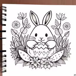 a coloring book with bunny sitting on the flower border,an adult coloring book with a picture of a bunny,the rabbit has been made up with an intricate flower border,a drawing of a rabbit in an egg,a drawing on a notebook with an bunny inside