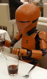 an orange robot doll holding a glass of wine