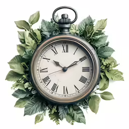 a clock decorated with green leaves and flowers