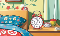 a red alarm clock and cup of coffee