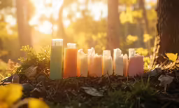 several soap bottles with the sun setting on a forest