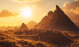the sun is setting on a rocky mountain