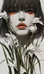 woman with hair, makeup and flowers over her face