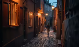 an alley way with two people walking down one of the buildings
