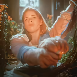 the young girl is looking at the light that comes from her hands