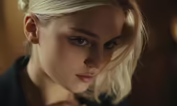 a woman with blonde hair looking to her left