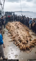 a large group of people standing next to an animal