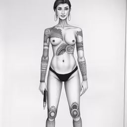 a woman is dressed up in tattoos and a bikini,an art print with a woman in a bikini,a black and white drawing of a woman in a tighty top,the sketch of a woman with tattoo art,a tattoo model is standing by herself, with tattoos on her stomach