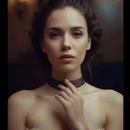 a young woman in a dress with collar and choker