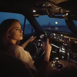 a girl driving a car in the dark
