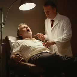 a man lying down in a chair with a light on and another man holding something up
