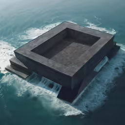 a massive square shaped building floating in the ocean