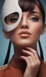 a woman with a white mask on and eyeliners