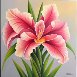 a painting of a pink flower with leaves,a painting of a pink and yellow flower,a painting of a large pink flower on a white surface,a painting of a large flower that is bright pink,large pink and yellow flower painting on light grey