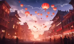 people walking around a street in a city at dusk