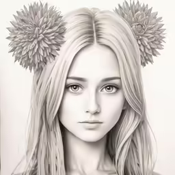 a drawing of a woman with large sunflowers