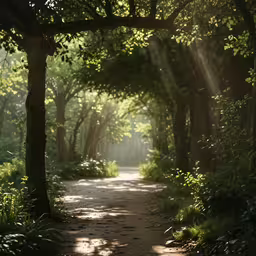 an empty trail surrounded by many trees and foliage