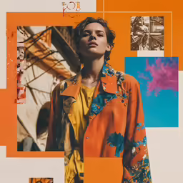 woman in an orange and blue print shirt and jeans