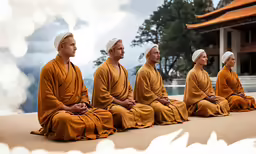 men are meditating on the steps while wearing yellow robes